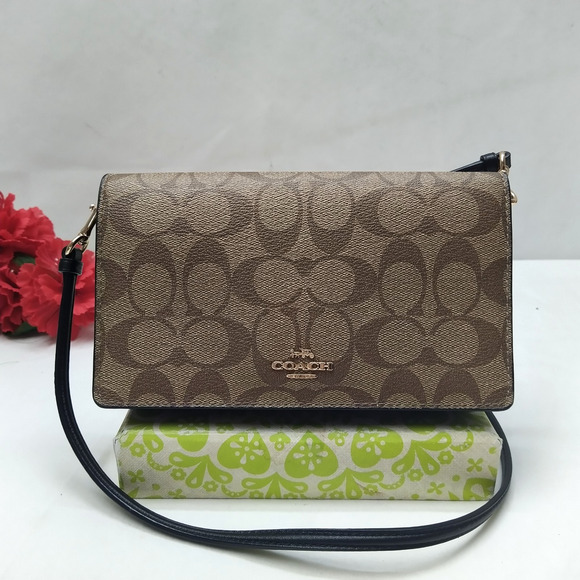 Coach Signature Brown Leather Flap Closure Credit Card Crossbody Bag - Picture 1 of 16